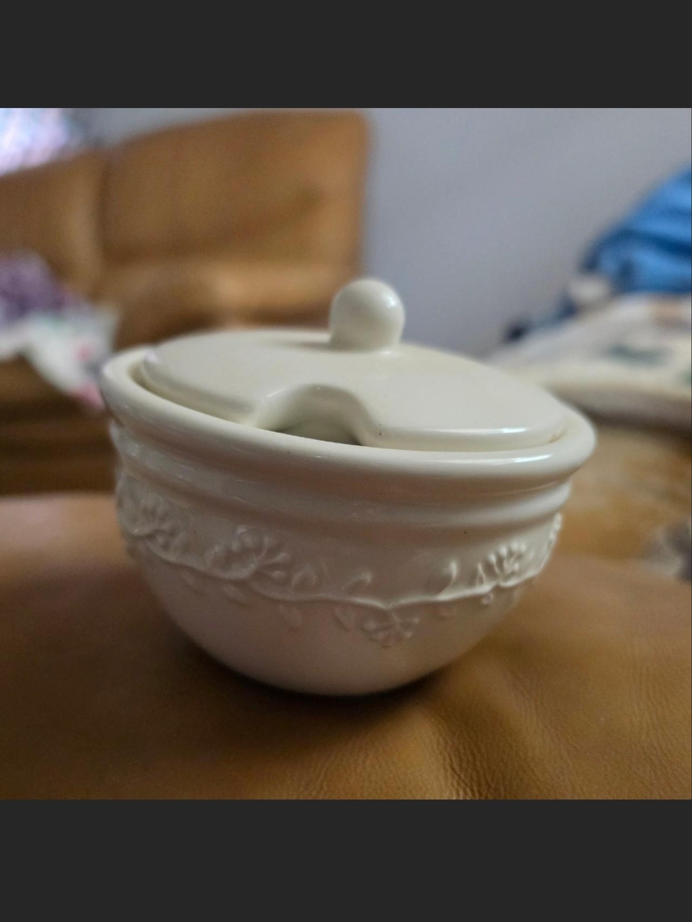 Vintage White Ceramic Lidded Sugar Bowl Embossed Grape Vine Motif